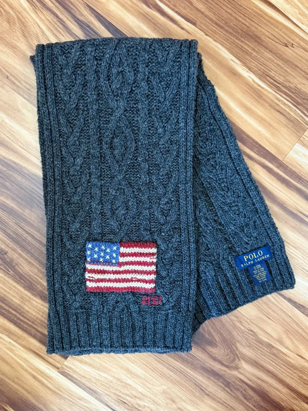 Vintage 90’s Polo by Ralph Lauren Charcoal Cable Knit Scarf with American Flag